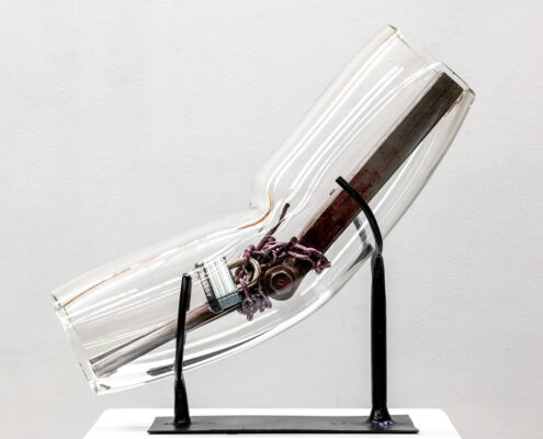 Asha Ramirez, Locked in Agony, 2024, Steel, glass, chain, padlock, nails, 13.5 x 6 x 15 in, California State University, San Bernardino, $998