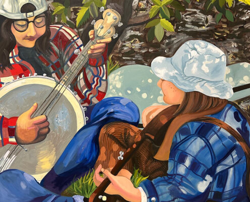 Catleya Sherbow, Two Musicians Under the Tonyon at Topanga Fiddle Fest, 2026, Oli on canvas, 72 x 48 x 3 in, California State University, Northridge, $2,500