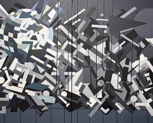 Mariia Shevchenko, GuernicaEXE, 2025, Acrylic on canvas, 36 x 96 x 2 in, Orange Coast College, $5,500
