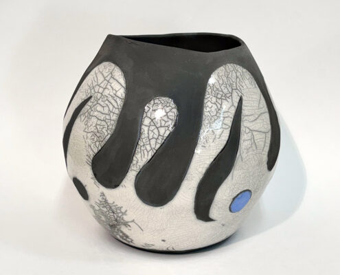Delora Bertsch, The Quiet Rebellion, 2026, Raku, crackle glazes, smoke carbonization, 10 x 9.5 x 10 in, $700