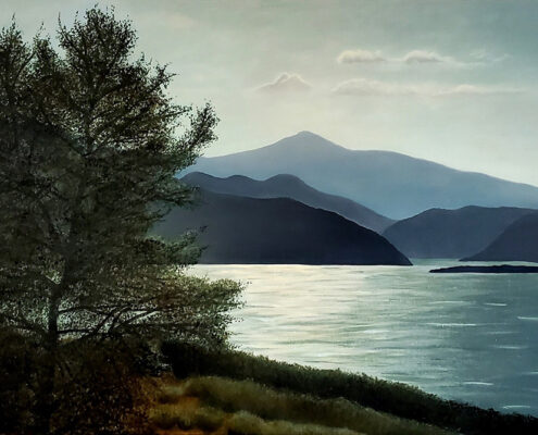 Fumie Coello, Glow on the Lake, 2023, Oil on canvas, 24 x 36 in, $1,700