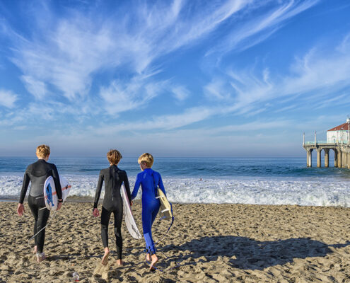 Manhattan Beach Pier & Three Surfers, 2025, Digital archival print on metallic paper, 20 x 24 in