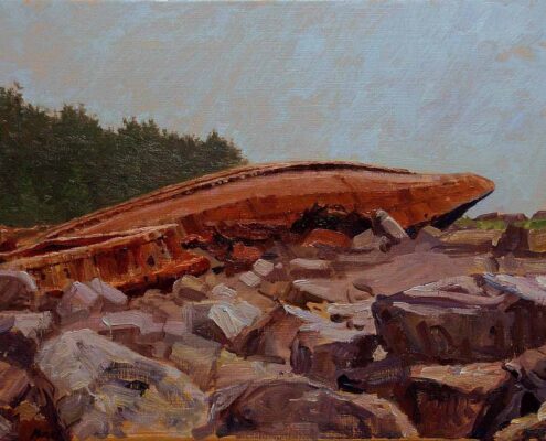 Stephen Mirich, Wreck of the D.T. Sheridan, Monhegan Island, Maine, 2003, oil on panel, 12 x 16 in, $2,200