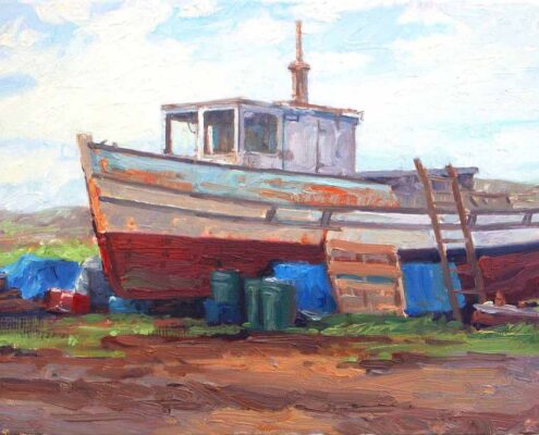 Stephen Mirich, “Retired”, The Little Rose at Moss Landing, 2005, oil on panel, 9 x 12 in, $1,800