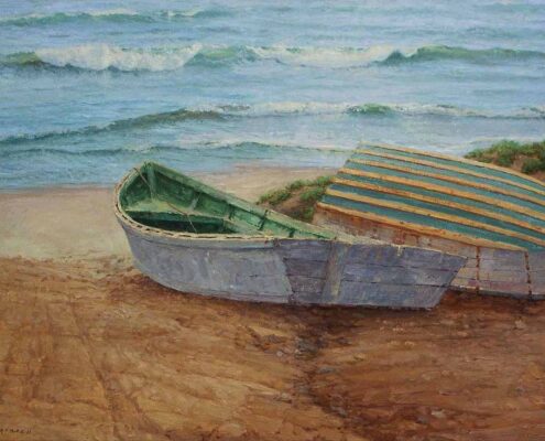 Stephen Mirich, Waiting for Tomorrow’s Fishing, Wooden Fishing Pangas of Puerto Nuevo, 2005, oil on canvas on panel, 24 x 32 in, $12,000