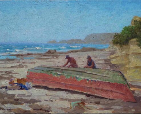 Stephen Mirich, Repairing the Boat, Porto Nuevo, 2005, oil on canvas panel, 12 x 16 in, $2,200