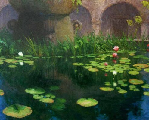 Stephen Mirich, The Mission Fountain, 2013, oil on canvas on panel, 24 x 32 in, $14,000
