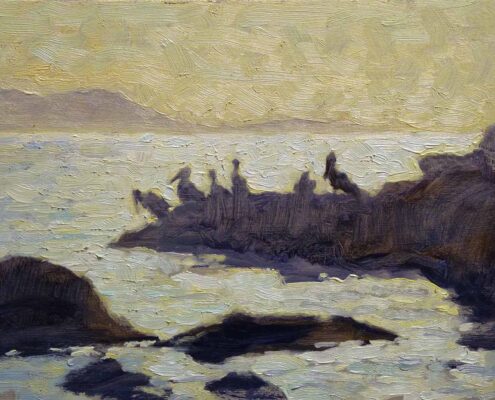 Stephen Mirich, After Fishing, Pelicans at Royal Palms, 2013, oil on canvas panel, 6 x 8 in, $900