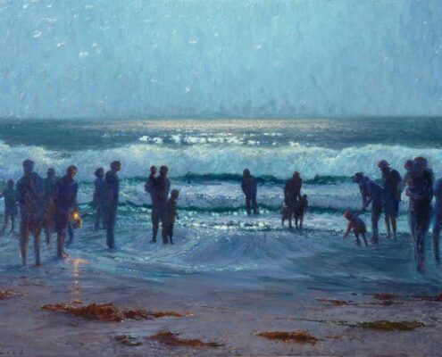 Stephen Mirich, Grunion Hunters, 2015, oil on panel, 38 x 48 in, $18,000