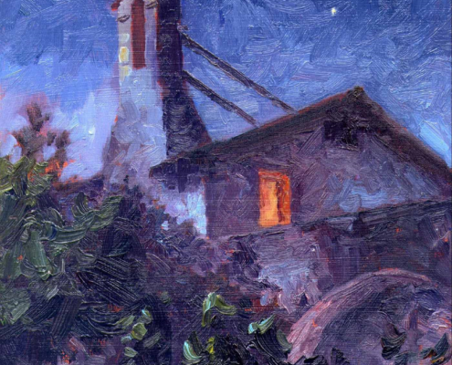 Stephen Mirich, Burning the Midnight Oil, San Juan Capistrano Mission, 1997, oil on panel, 12 x 9 in, $1,800