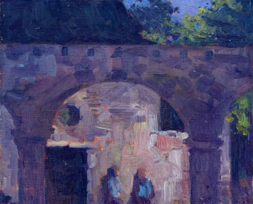 Stephen Mirich, A Summer Night at the Mission, 1997, oil on panel, 12 x 9 in, $1,800