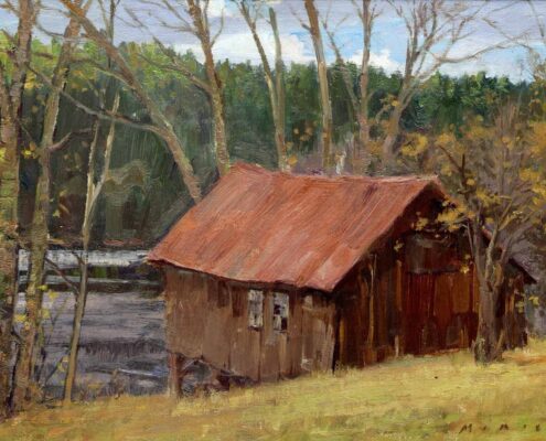 Stephen Mirich, The Old Boat House, Anderson’s Lake, 2018, oil on panel, 9 x 12 in, $1,800