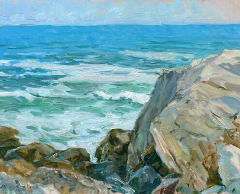 Stephen Mirich, Rocks at Long Point, 2018, oil on canvas panel, 11 x 14 in, $2,200