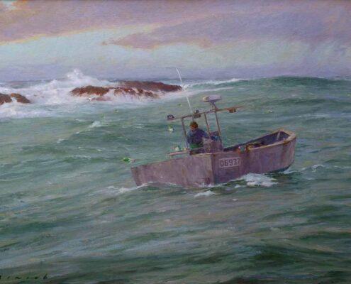 Stephen Mirich, A Race with the Weather, The Lobster Fisherman, 2024, oil on canvas on panel, 24 x 32 in, $12,000