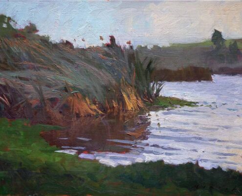 Stephen Mirich, After a Windy Night, Bixby Slough, Harbor Park, 2000, oil on panel, 12 x 16 in, $2,200