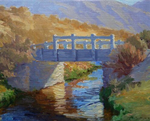 Stephen Mirich, Bridge Over Hot Creek, Long Valley, 2001, oil on canvas panel, 12 x 16 in, $2,200