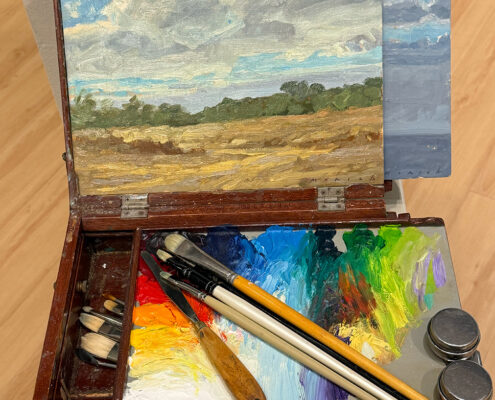Everyday Pochade Box, wood, designed and hand built by the artist 1.75 x 15 x 11.5 in, NFS, Stephen Mirich Collection