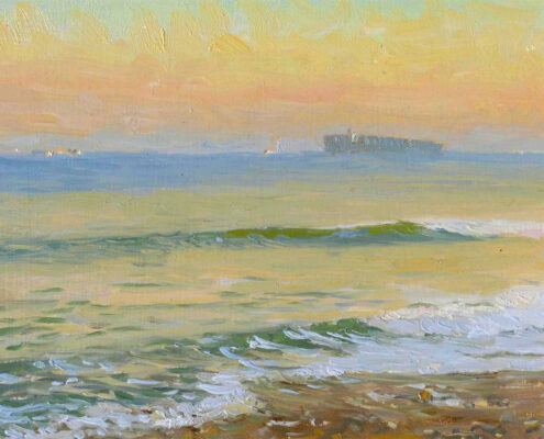 Stephen Mirich, Departing Port at Dusk, 2021, oil on panel, 8 x 10 in, $1,200